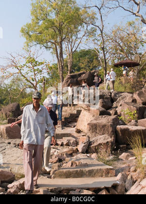 Khajuraho Madhya Pradesh India Asia Ken Gharial sanctuary with tourist group walking on nature trail in nature reserve Stock Photo