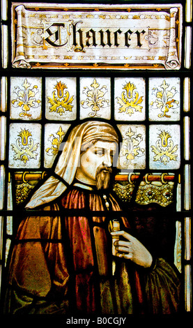 Chaucer depicted in a stained glass window. Stock Photo
