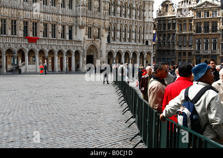 Belgian Police is taking preventive action in front of Town Hall, for VIP visitor in Grand Place, Brussels, Belgium. April 2008. Stock Photo