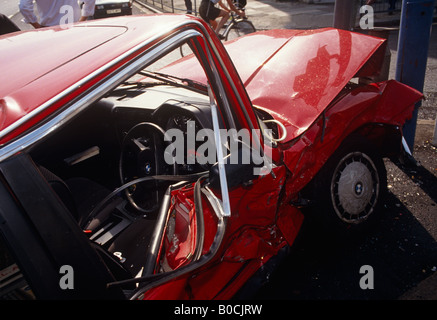 A BMW car has been written-off after crashing into a post in Central London wrecking the vehicle and injuring the driver Stock Photo