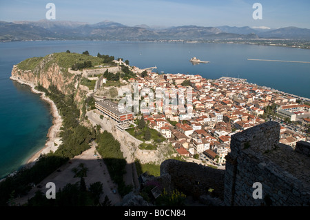 Looking down on the old town of Nafplio from the Palamidihi fortress Argolid Peloponnese Greece Stock Photo