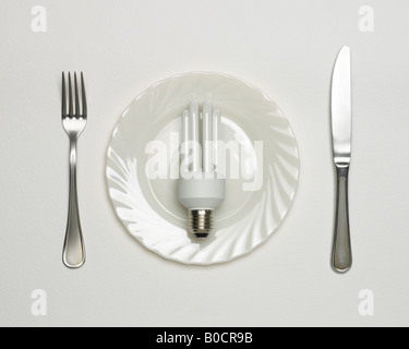 ENERGY SAVING ELECTRIC LIGHT BULB ON WHITE PLATE WITH STEEL KNIFE AND FORK