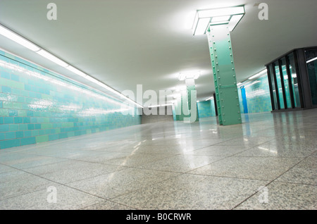 Empty subway with tiled walls, Alexanderplatz Berlin Germany, low section view Stock Photo