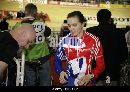 Victoria Pendleton Great Britain sprinter at Manchester UK Velodrome UCI Track Cycling World Championships 2008 Stock Photo