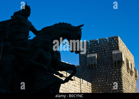 Statue of Saladin in front of the Citadel and Old City in Damascus Syria Stock Photo