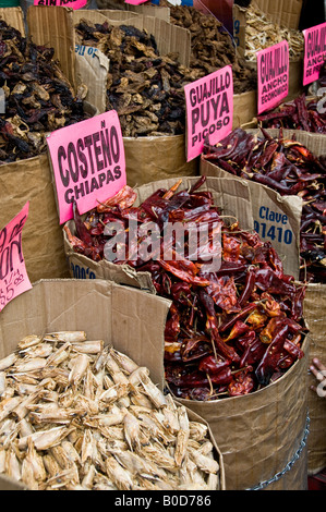 Barrels of dried chillies for sale at store in Puebla, Mexico Stock Photo