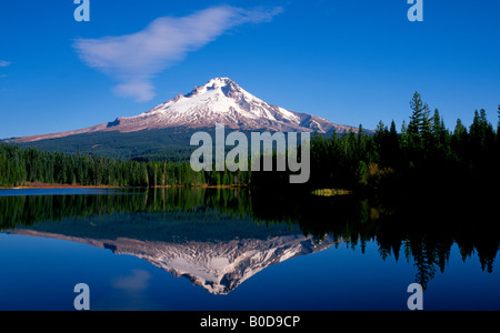 A view of the snow capped peak of Mount Hood highest peak in Oregon in the Oregon Cascade Mountains over Trillium Lake Stock Photo