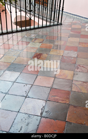 Lovely old stone / marble floor to home in Puebla Mexico. Laid diagonally on the balcony / first floor. Stock Photo