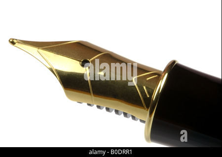 Gold nib of a fountain pen close up isolated on a white background Stock Photo