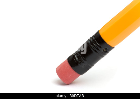 Close up of the eraser at the end of a yellow pencil Stock Photo