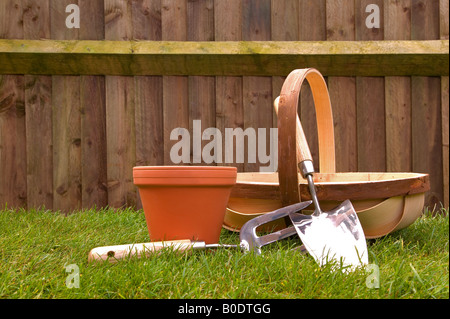A traditional wooden trug and gardening tools still life Stock Photo