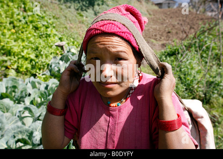 nepali lady carrying load annapurna nepal Stock Photo