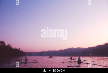 Scullers on the Schuylkill River at dawn, Philadelphia, PA Stock Photo