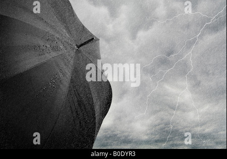 Black Umbrella In Rain Storm And Lightning Stock Photo