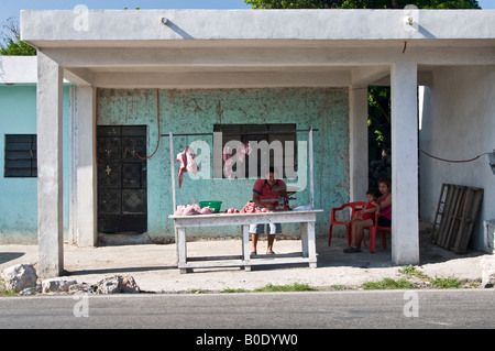 Road-side butcher's shop near Merida, Mexico. The wife and child watch whilst the father hacks up the meat outside. Stock Photo