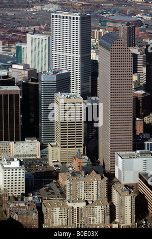 aerial above Republic Plaza at center and Wells Fargo Center right in the Denver, Colorado CO financial district Stock Photo