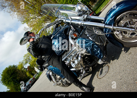 Motorcyclist astride his Boss Hoss V8 powered motorcycle. Stock Photo