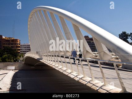Architect Santiago Calatrava's amazing curved-topped bridge over the Parque Jardin Del Turia. Over the now dried up river Turia. Stock Photo