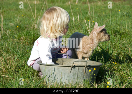 Stock photo of a two year old blond haired girl helping to feed a lamb Stock Photo