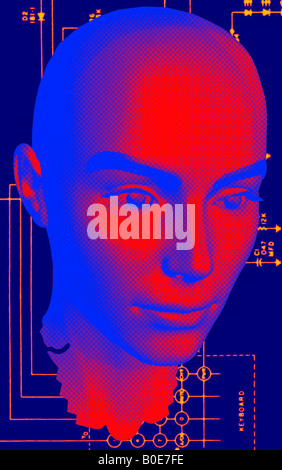 abstract computer generated 3D female head with high tech background Stock Photo