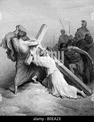 Engraving of Gustave Dore illustration of Jesus falling beneath the cross Stock Photo