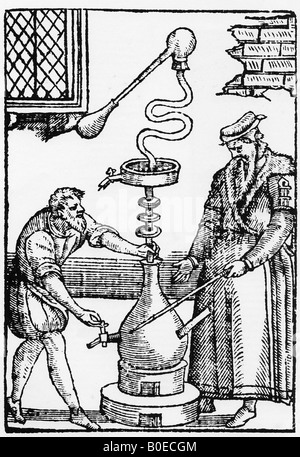 ALCHEMY  Elizabethan engraving showing two Alchemists trying to distil the imagined Elixir of Life Stock Photo