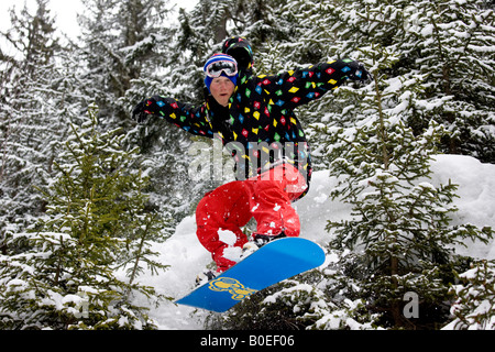 Jo Howard on an off piste tree run in the French Alps. Stock Photo