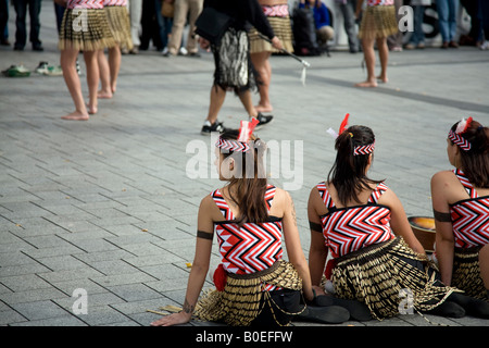 Maori dance group performs in public square in Christchurch, South Island,New Zealand Stock Photo