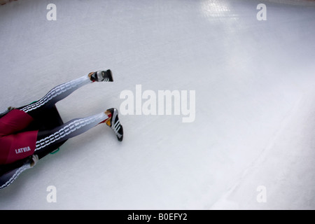 A Skeleton rider racing down the Olympic run in St Moritz Switzerland