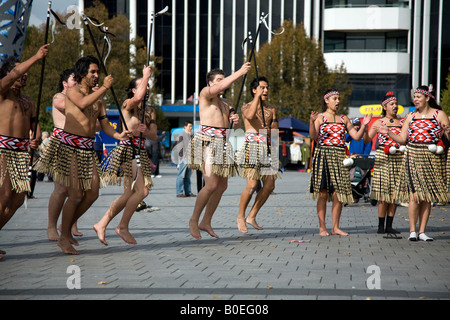 New Zealand Maori dancers in traditional Maori dress perform dance routines in Cathedral Square,Christchurch,New Zealand,2008 Stock Photo