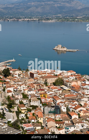The old town of Nafplio and the Argolikos Gulf  Seen from the Palamidihi fortress, Argolid Peloponnese, Greece Stock Photo