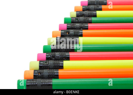 Colorful pencils arranged diagonally on white background Stock Photo
