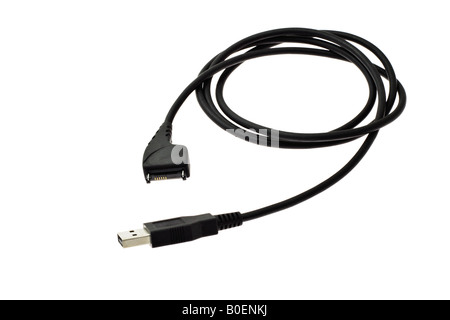 Black USB data cable for mobile phone on white background Stock Photo