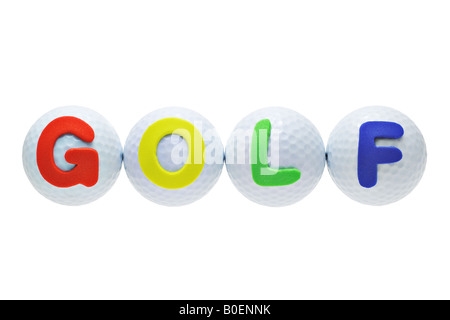 Alphabet labels with the word GOLF on golf balls Stock Photo