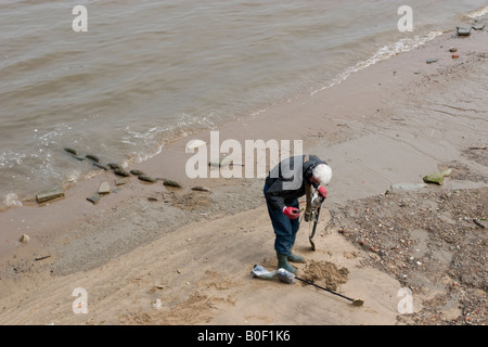 metal Detectorist searches the Foreshore near Greenwich Pier examines a find in more detail Stock Photo