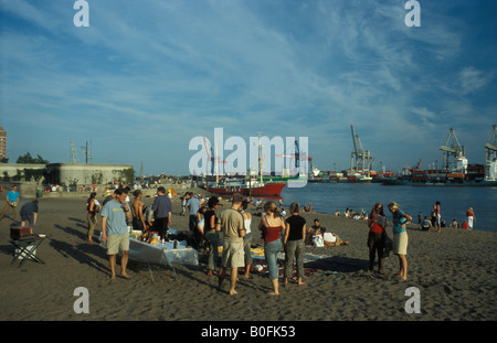 Beach life in summer at Altona Elbstrand on river Elbe in Hamburg, Germany Stock Photo