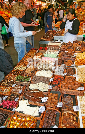 Chocolate and toffees La Boqueria Market Barcelona Catalonia Spain Stock Photo
