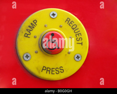 Push button for disabled passengers to get access to the ramp on London Transport Busses Stock Photo