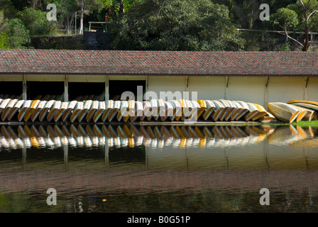 Rowboats and historic boatshed in Royal National Park. Stock Photo