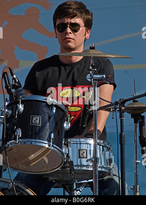 MALE DRUMMER  WITH GROUP   PLAYING AT FESTIVAL IN 2008 AT MARMARIS IN FRONT OF ATATURK STATUE MUGLA TURKEY Stock Photo