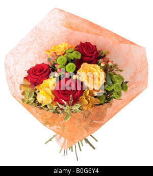 Bunch of Roses, Peruvian Lily (Alstroemeria), Hypericum and Chrysanthemum. Stock Photo