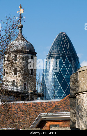 Tower of London and the Gherkin Building in London, England Stock Photo