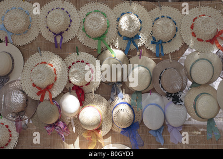 Handmade straw hats on display for sale at Masca Tenerife Canary Islands Spain Stock Photo