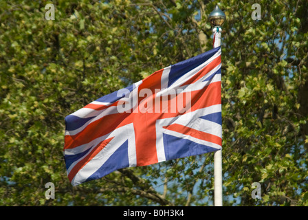 Horizontal close up of the back of a Union Jack flag against trees in the sunshine. Stock Photo