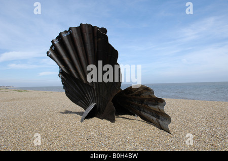 The Scallop sculpture by Maggie Hambling on the beach at Aldeburgh Suffolk England UK Stock Photo
