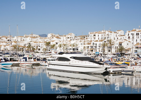 Marbella Costa del Sol Malaga Province Spain Puerto Jose Banus Luxury yachts at anchor in port Stock Photo