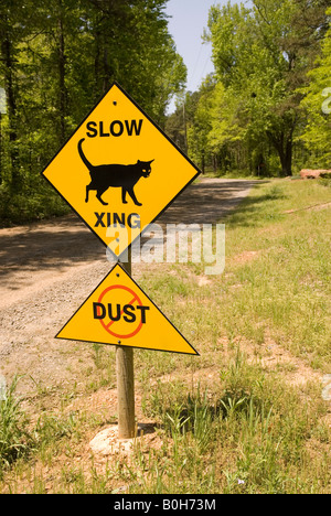 Cat Crossing Sign on Red Bluff Drive at Petit Jean State Park Arkansas USA Stock Photo