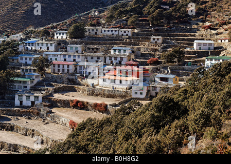 Pangboche, sherpa village nestled on terraced mountain side, Sagarmatha National Park, Khumbu, Nepal, Asia Stock Photo