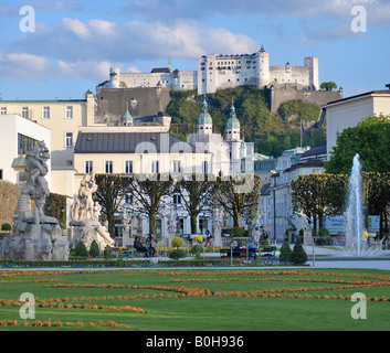View of the Salzburg Cathedral towers and the Hohensalzburg Fortress from the Mirabellgarten, Mirabell Palace Gardens, Salzburg Stock Photo