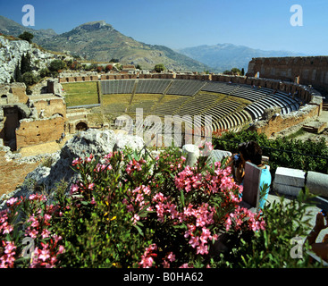 Ancient Roman theatre in Taormina, upper tiers, Sicily, Italy Stock Photo